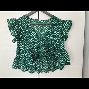 Green Floral Ruched/ Ruffled Crop Top